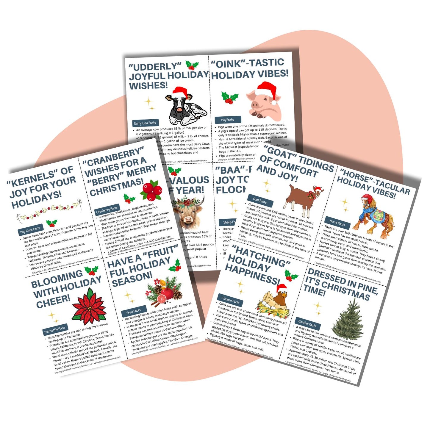 Printable Cards: Cute Holiday/Christmas Farm Fact Themed 4" x 5.5" for Kids