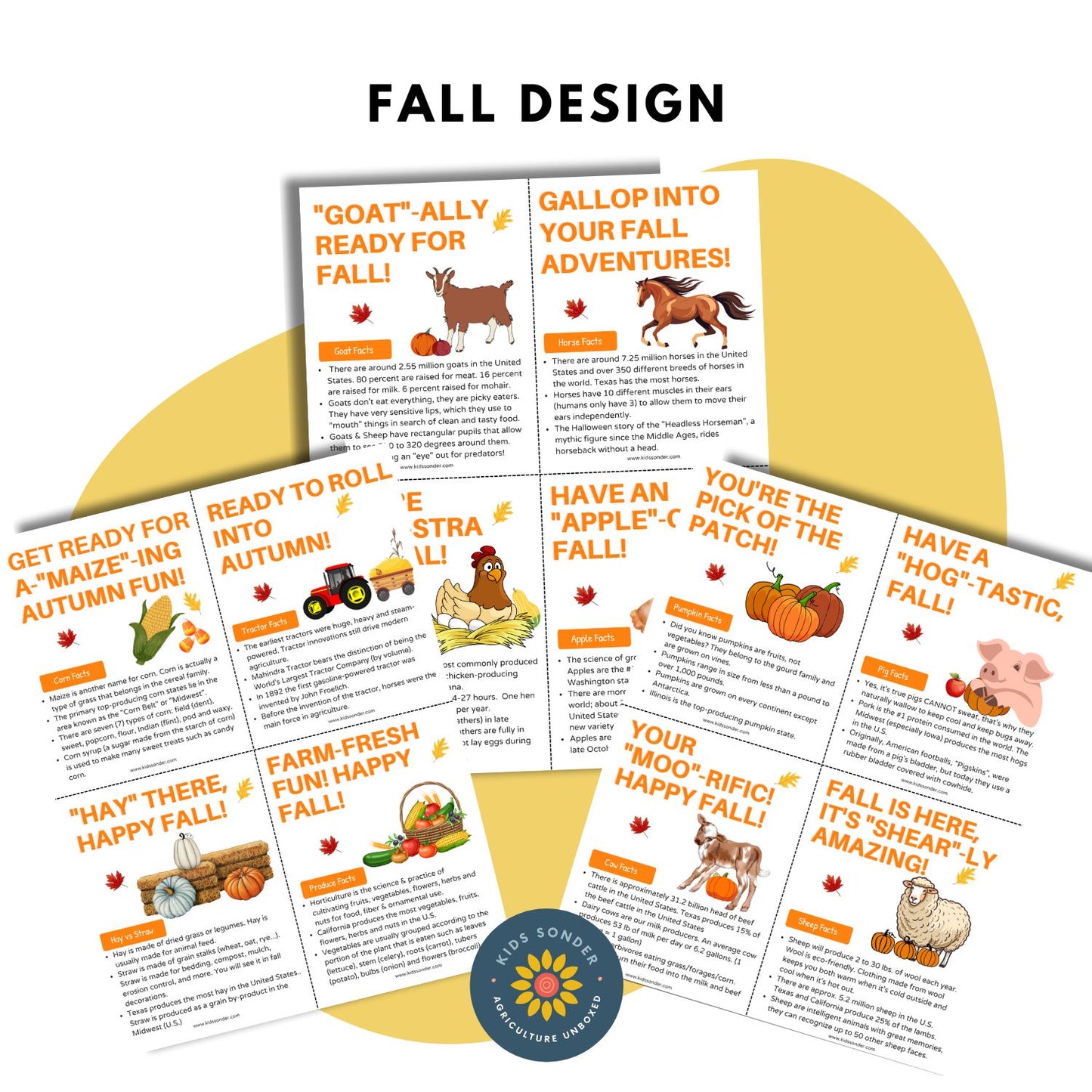 Printable Cards: Cute Fall/Halloween Farm Fact Themed 4" x 5.5" for Kids