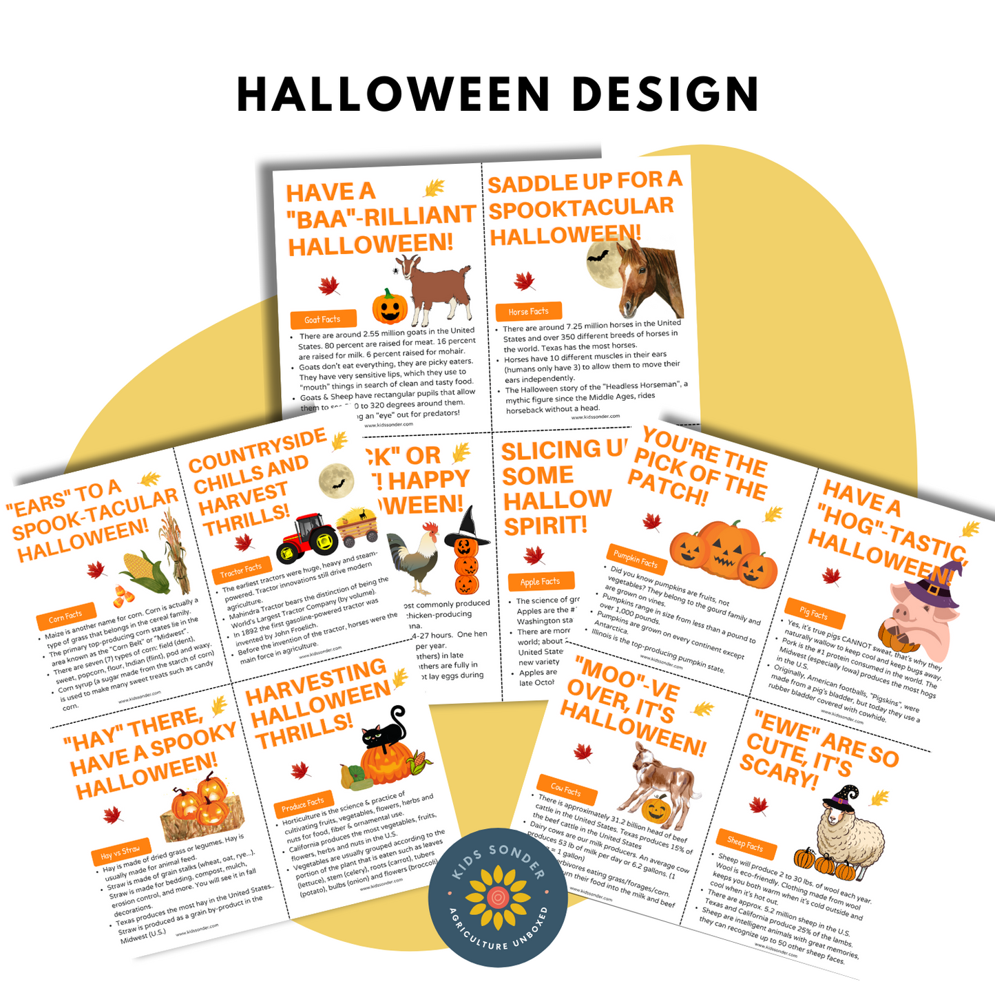 Printable Cards: Cute Fall/Halloween Farm Fact Themed 4" x 5.5" for Kids