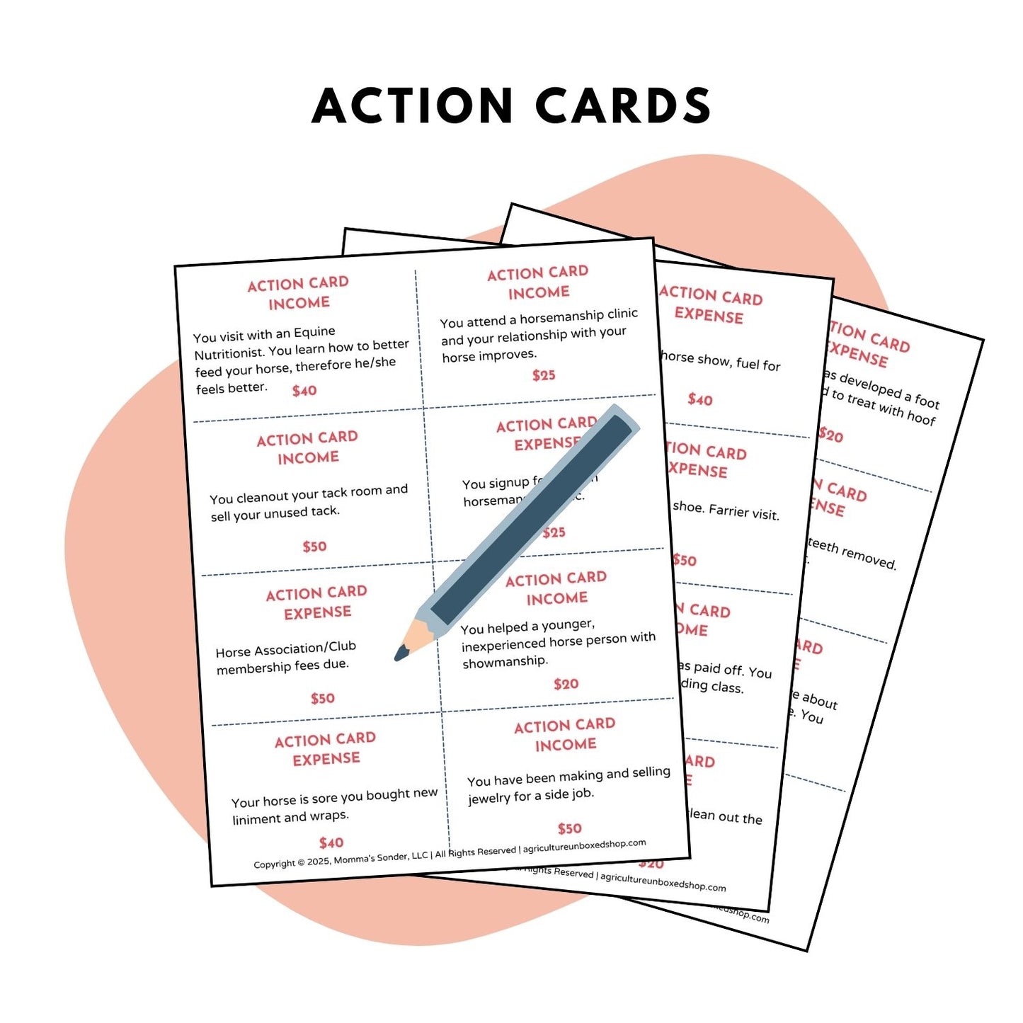 horse finance and care activity action cards