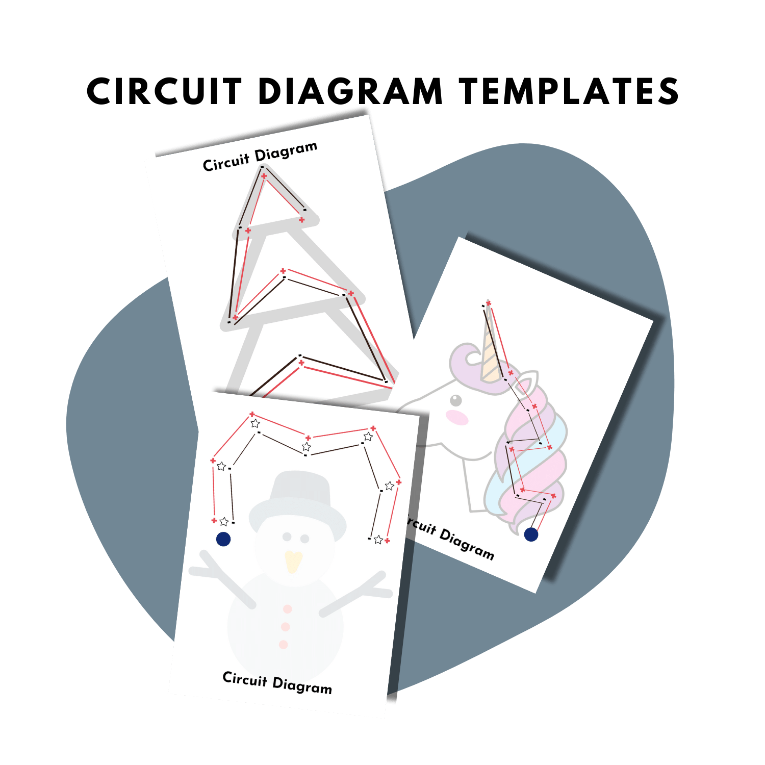 circuit diagrams of Christmas tree unicorn and snowman for LED circuit activity of kids